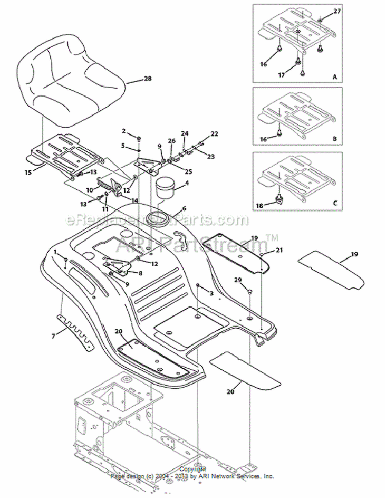 Seat  Fender Diagram and Parts List for 13AM772S055 2010 MTD Lawn Mower