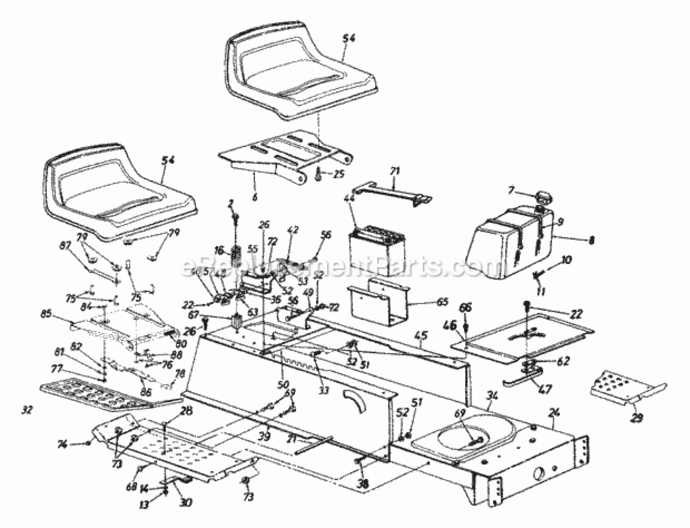 Seat_Fuel_Tank_Battery_Frame Diagram and Parts List for 13AN690G352 2001 MTD Lawn Tractor