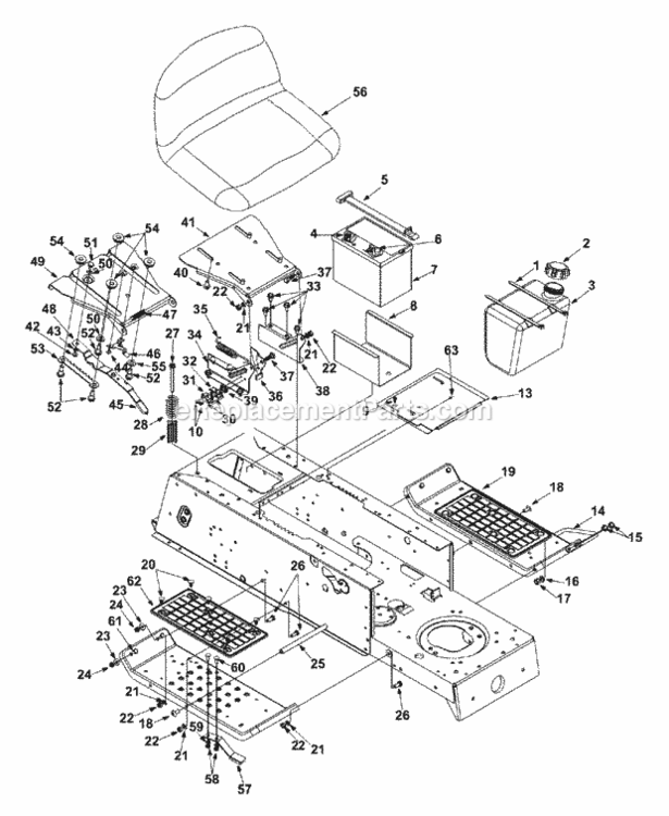 Seat_Fuel_Tank_Battery_Frame Diagram and Parts List for 13AN690G352 2002 MTD Lawn Tractor