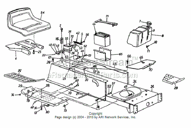 SeatFrame Battery Fuel Tank Diagram and Parts List for 13AS699G088  MTD Lawn Tractor