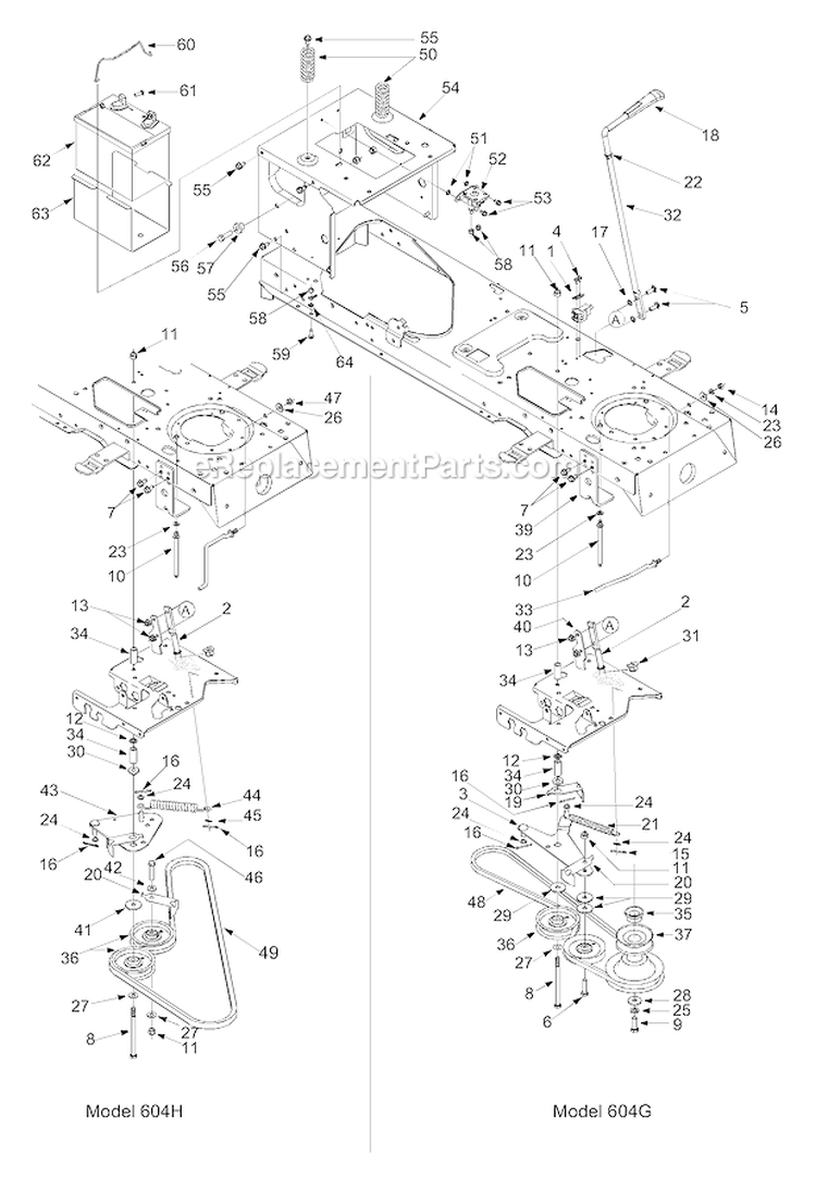 Pto Battery And Frame Diagram and Parts List for 13AT604G755 2004 MTD Lawn Tractor