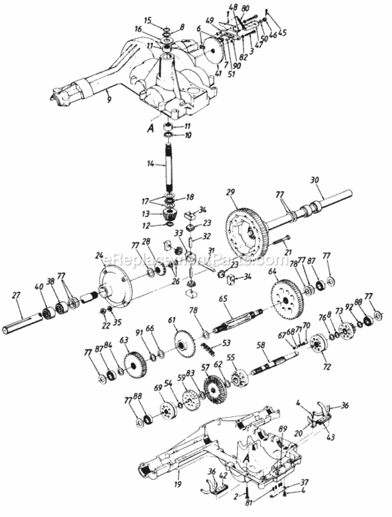 Transaxle Diagram and Parts List for 140-844H000 1990 MTD Lawn Tractor
