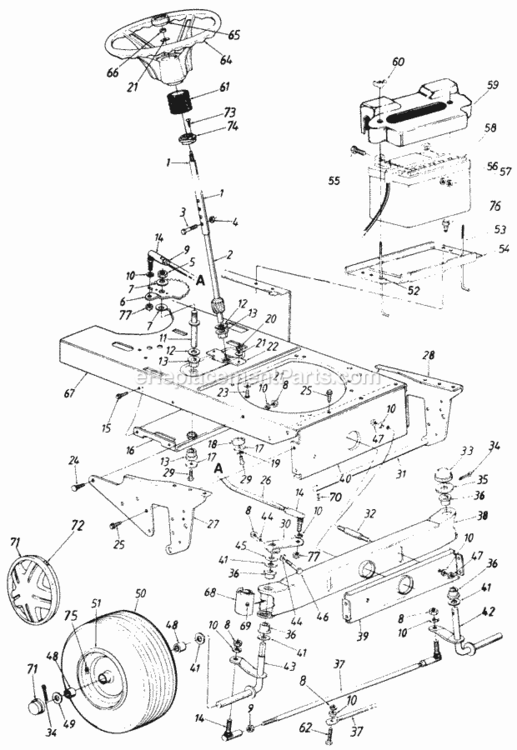 Steering_Assembly_Lower_Frame_And_Battery Diagram and Parts List for 142-840H147 1992 MTD Lawn Tractor