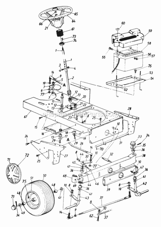 Steering_AssemblyWheels_FrontAxle_FrontBatteryFrame_Lower Diagram and Parts List for 143P820H192 1993 MTD Lawn Tractor