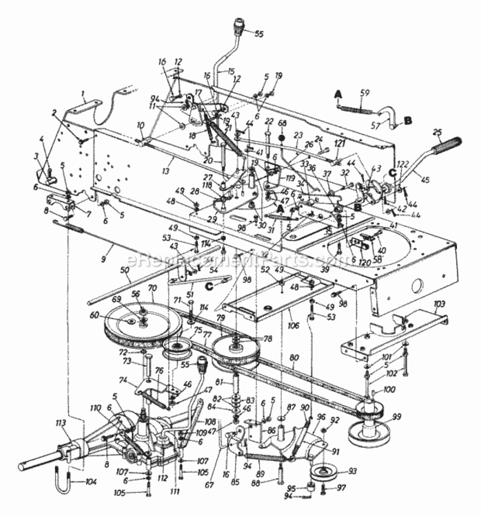DrivePedal_AssemblyTransmission_ControlsHitch_Plate Diagram and Parts List for 144-829H000 1994 MTD Lawn Tractor