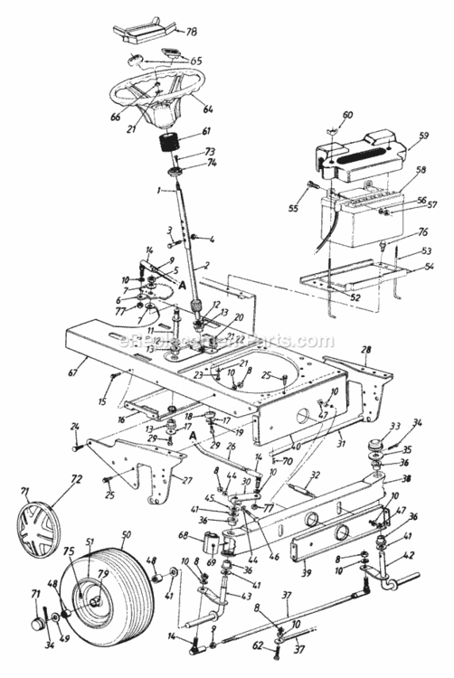 Steering_AssemblyWheels_FrontAxle_FrontBattery Diagram and Parts List for 144P840H023 1994 MTD Lawn Tractor