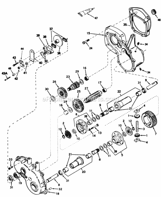 Transaxle Diagram and Parts List for 145-843-000 1985 MTD Lawn Tractor