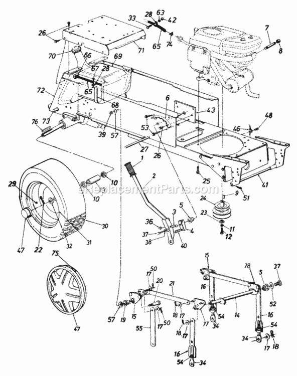Wheels_RearLift_And_Hanger_AssemblyMufflerFuel_Tank Diagram and Parts List for 145Q848H000 1995 MTD Lawn Tractor
