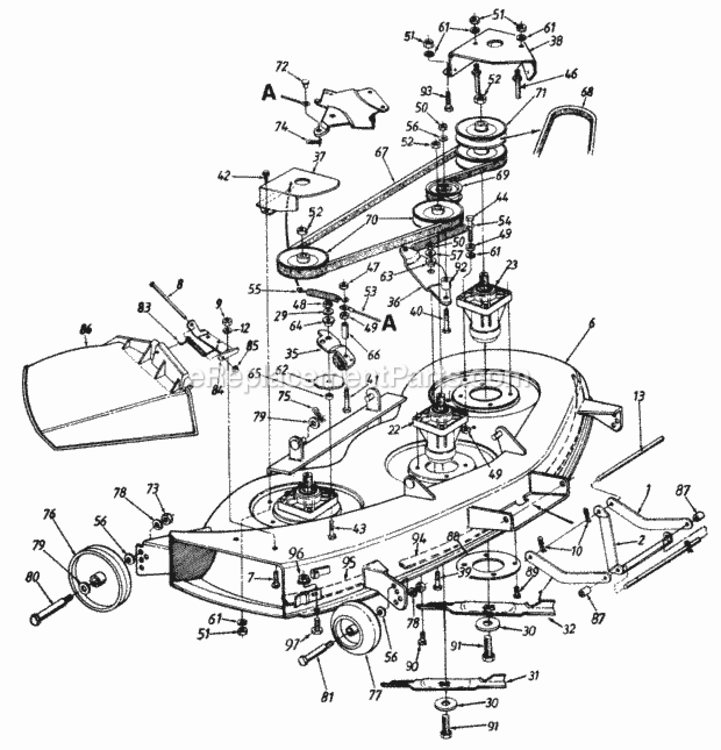 Deck_AssemblyBlades Diagram and Parts List for 145Q849H000 1995 MTD Lawn Tractor