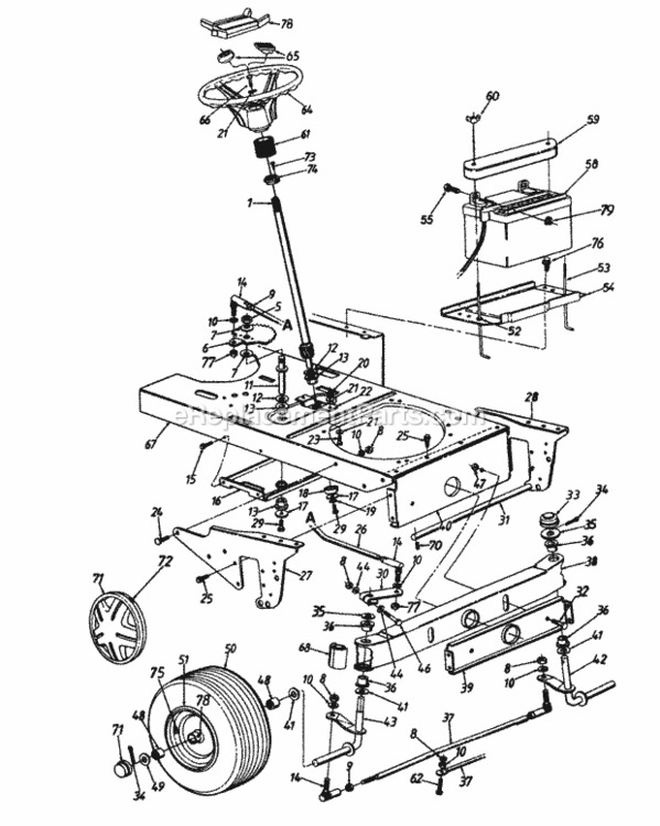 Steering_AssemblyAxle_FrontWheels_FrontBatteryFrame_Lower Diagram and Parts List for 146P820H205 1996 MTD Lawn Tractor