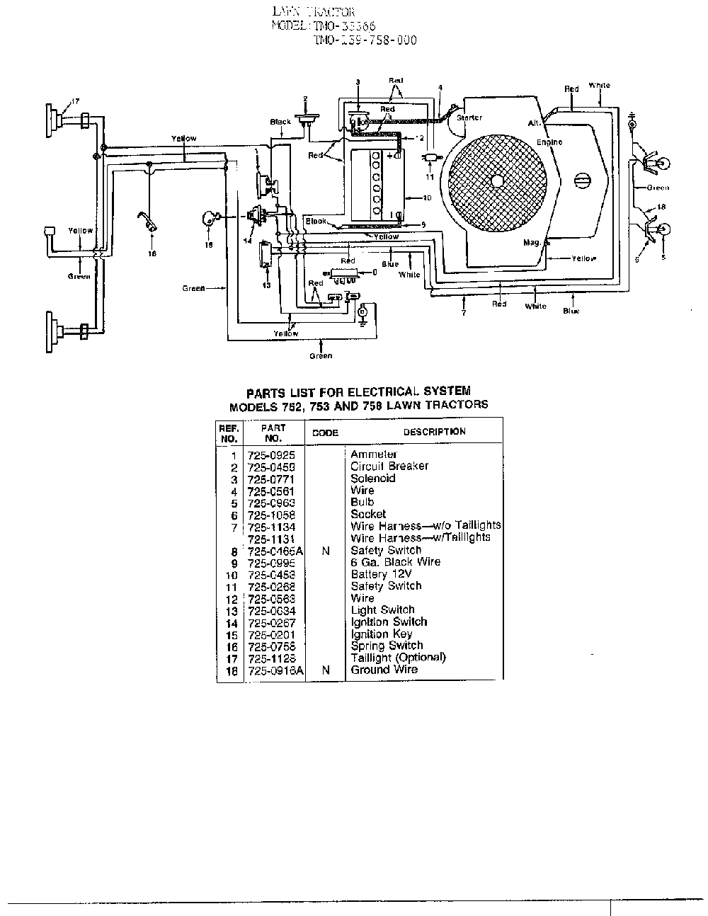 Electrical system Diagram and Parts List for 33566  MTD Lawn Tractor