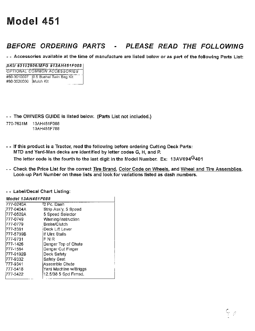 Information Diagram and Parts List for SKU3102806  MTD Lawn Mower