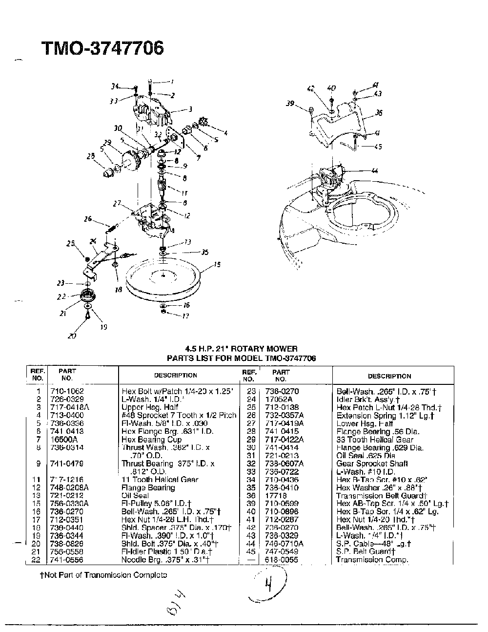 4.5hp 21" rotary mower Diagram and Parts List for 3747706  MTD Lawn Mower