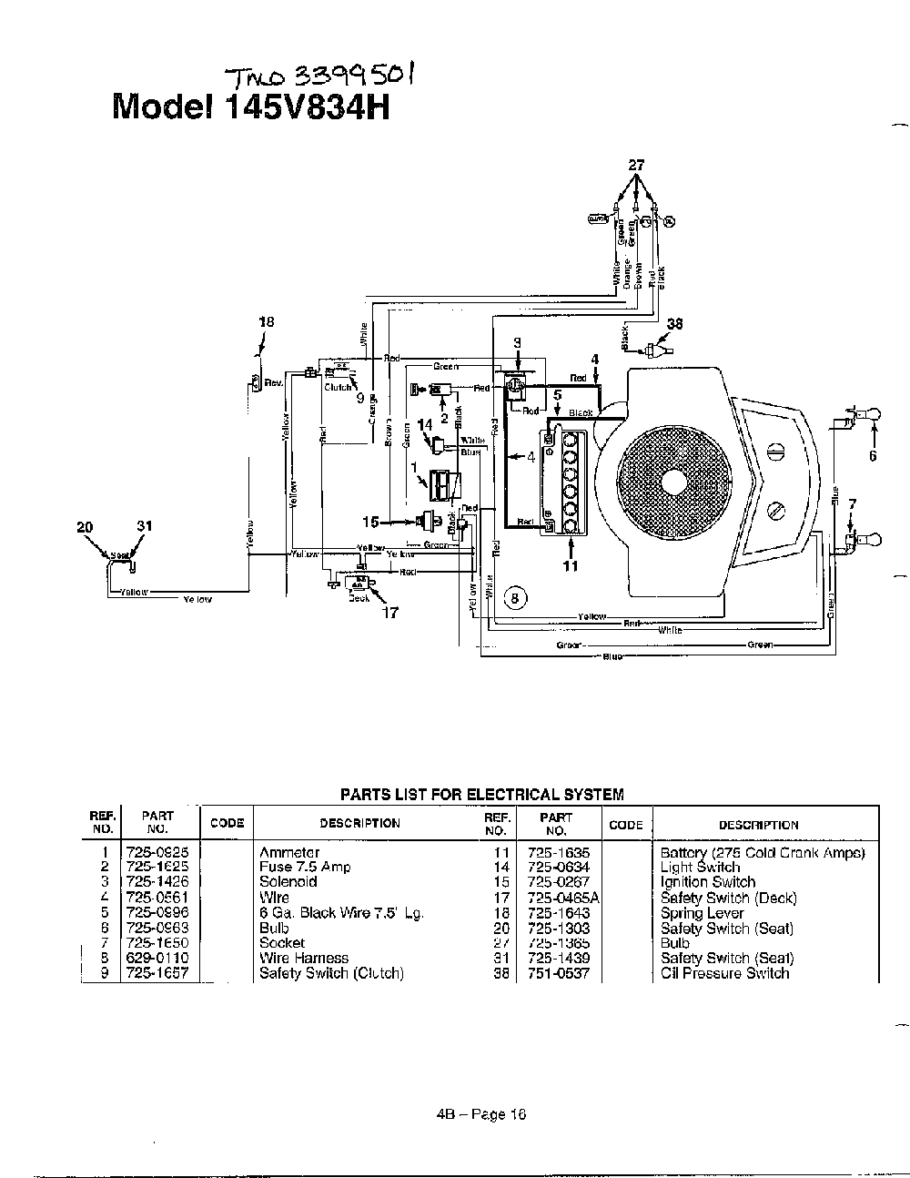 Electrical system Diagram and Parts List for 145W834P401  MTD Lawn Tractor