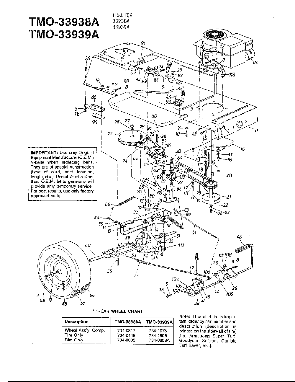 42" tractors/wheel and muffler chart Diagram and Parts List for 33939A  MTD Lawn Tractor