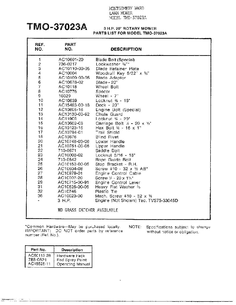3hp 20" rotary mower page 2 Diagram and Parts List for 37023A  MTD Lawn Mower