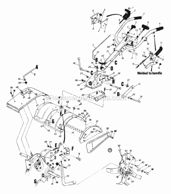 Rear_Tine_Tiller Diagram and Parts List for 212A430-032 1992 MTD Tiller