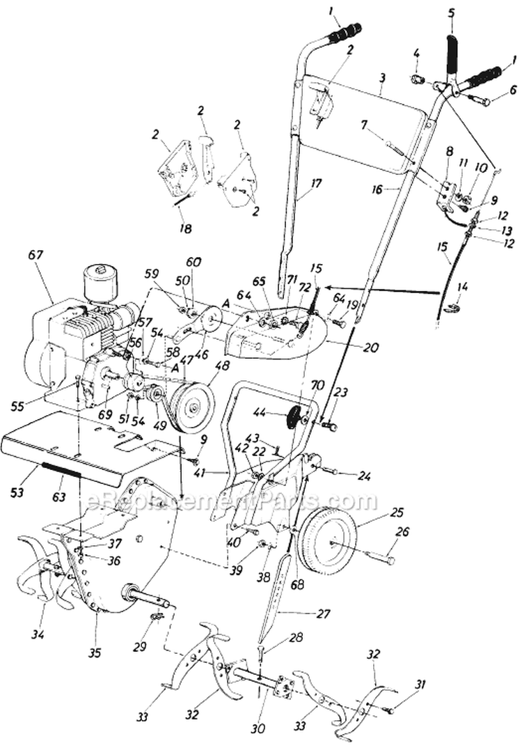Page B Diagram and Parts List for 215-030-000 1985 MTD Tiller