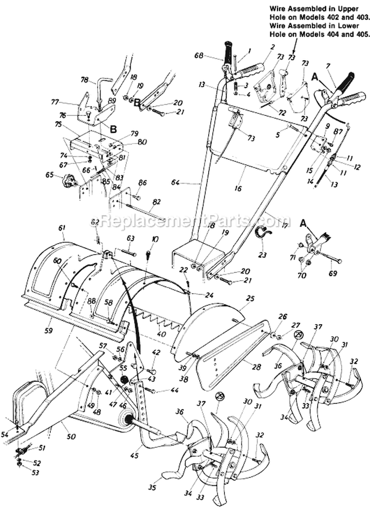 Page B Diagram and Parts List for 215-402-000 1985 MTD Tiller