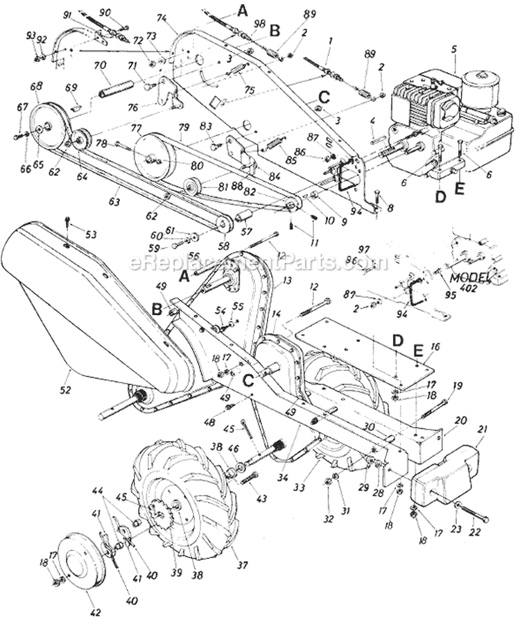 Page D Diagram and Parts List for 216-405-000 1986 MTD Tiller