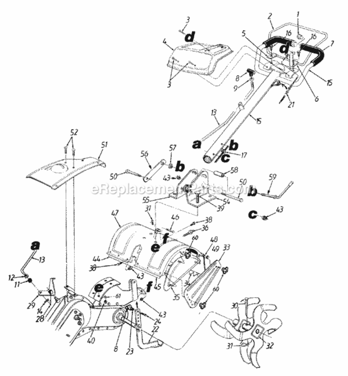 Handle__Tine Diagram and Parts List for 21A-410-352 1998 MTD Tiller