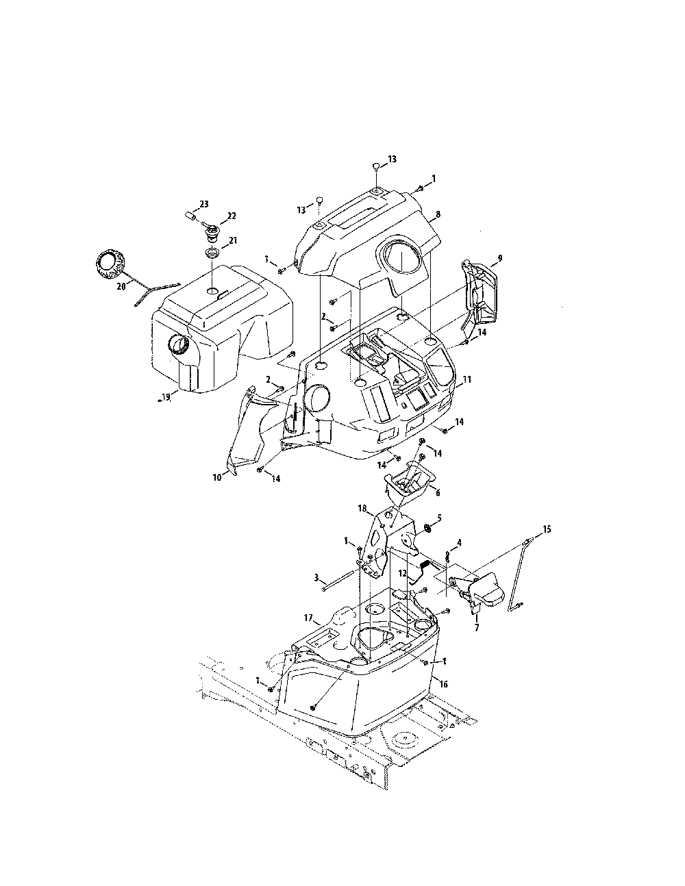 Upper dash/fuel tank Diagram and Parts List for 132QA1ZT099  MTD Lawn Tractor