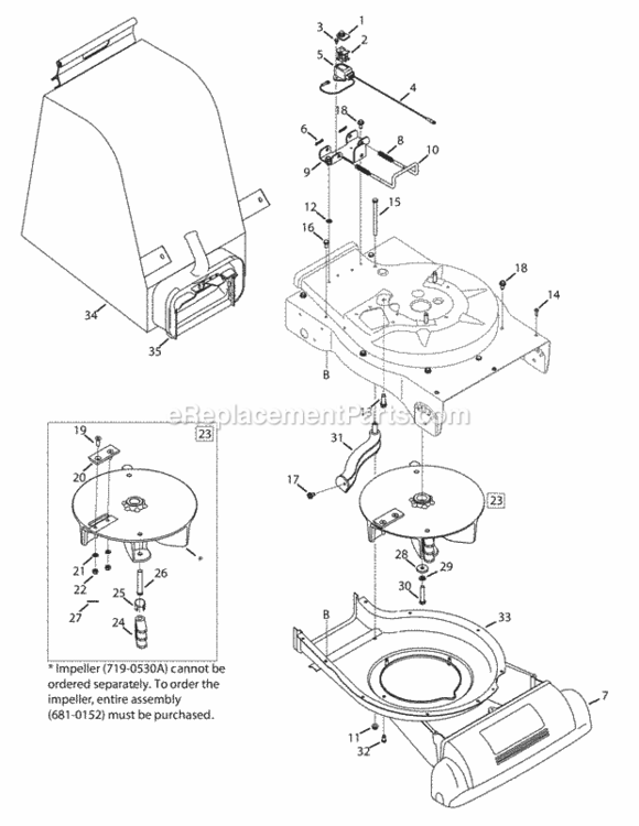 Impeller_And_Bag Diagram and Parts List for 24A-02MP706 2013 MTD Lawn Mower