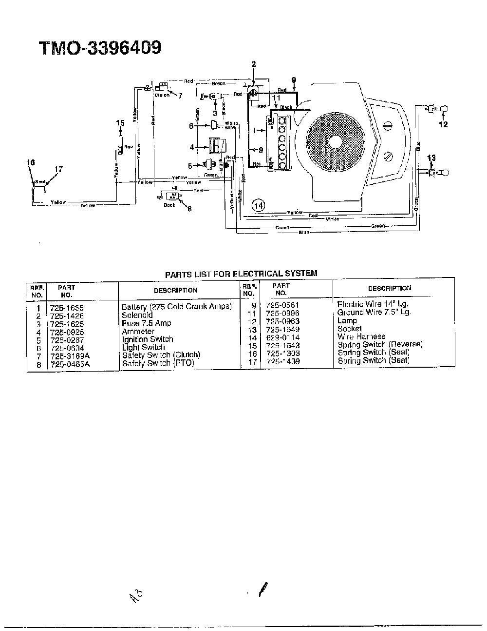 Electrical Diagram and Parts List for 3396409  MTD Lawn Tractor
