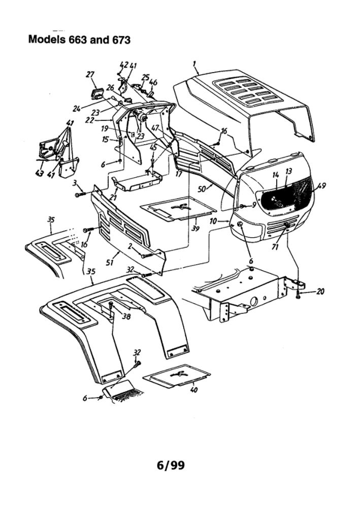 Grille/ Hood And Fender Diagram and Parts List for 663  MTD Lawn Tractor