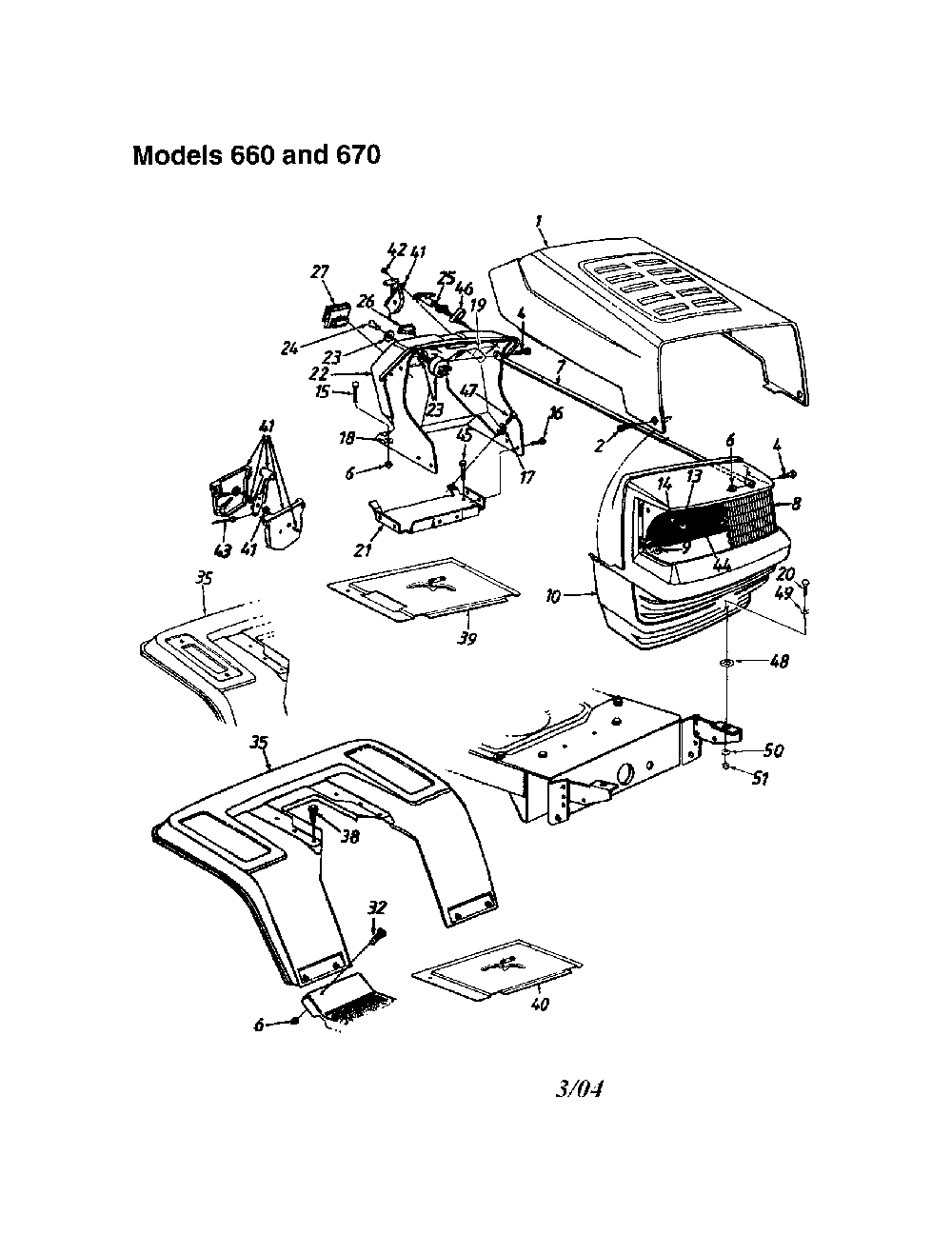 Hood - models 660 and 670 Diagram and Parts List for 13AQ675G062  MTD Lawn Tractor