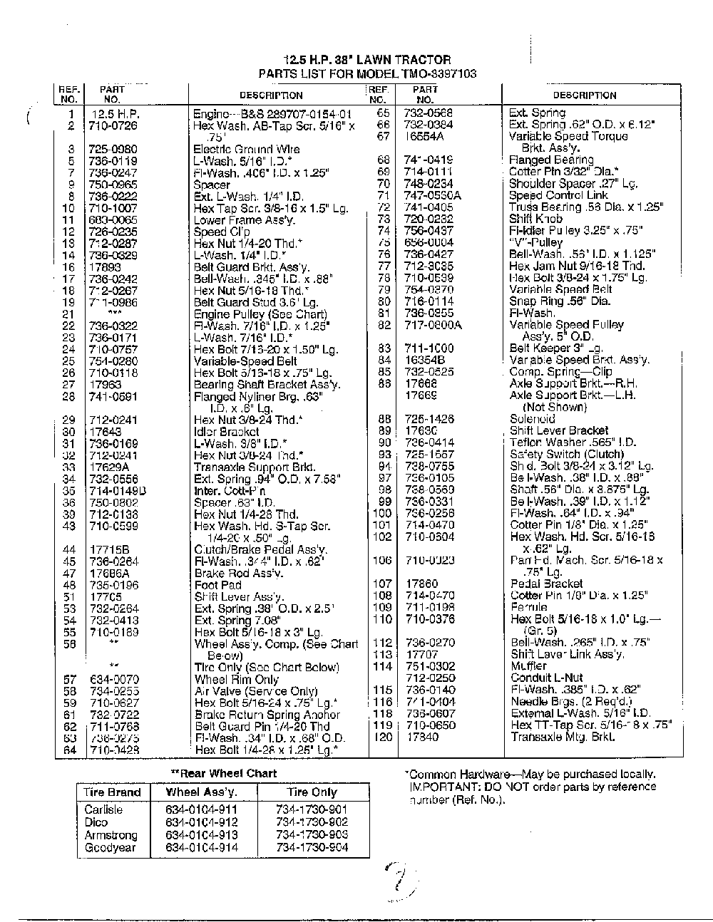38" lawn tractor/wheel chart page 4 Diagram and Parts List for 3397103  MTD Lawn Tractor