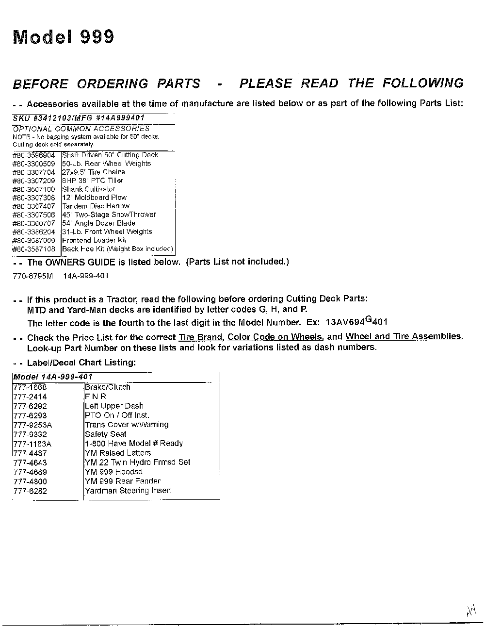 Lawn tractor/wiring Diagram and Parts List for SKU3412103  MTD Lawn Tractor