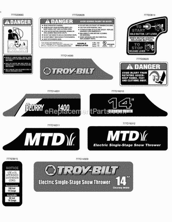 Labels Diagram and Parts List for 31A-050-706 2011 MTD Snow Blower