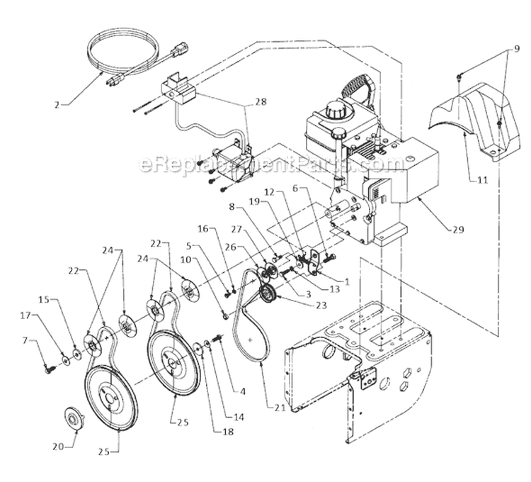 Engine and V-Belt Diagram and Parts List for 31AE644E129 1998 MTD Snow Blower