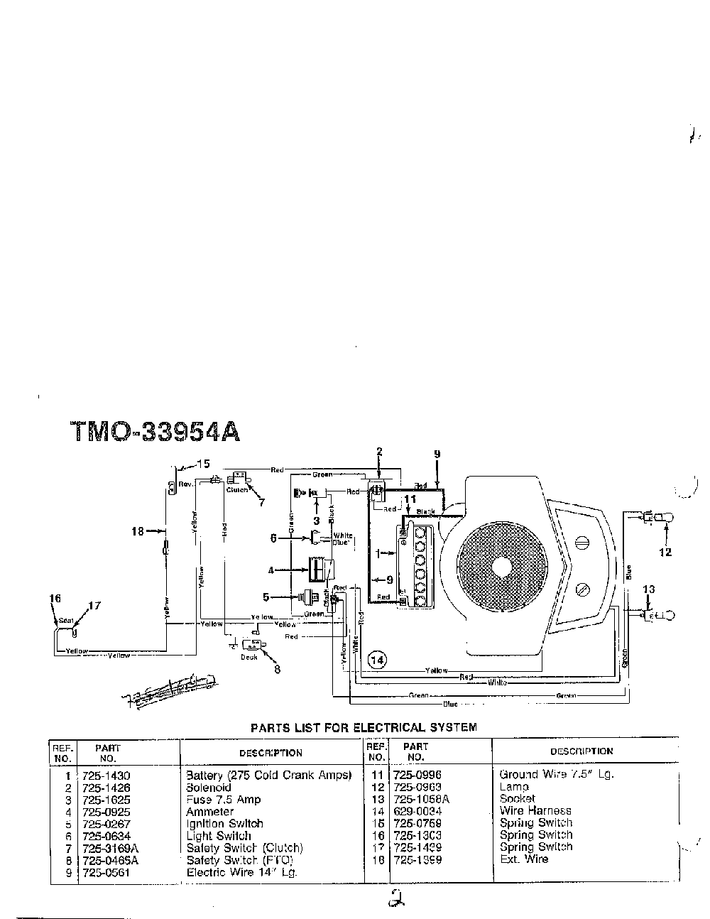 Electrical system Diagram and Parts List for 33954A  MTD Lawn Tractor
