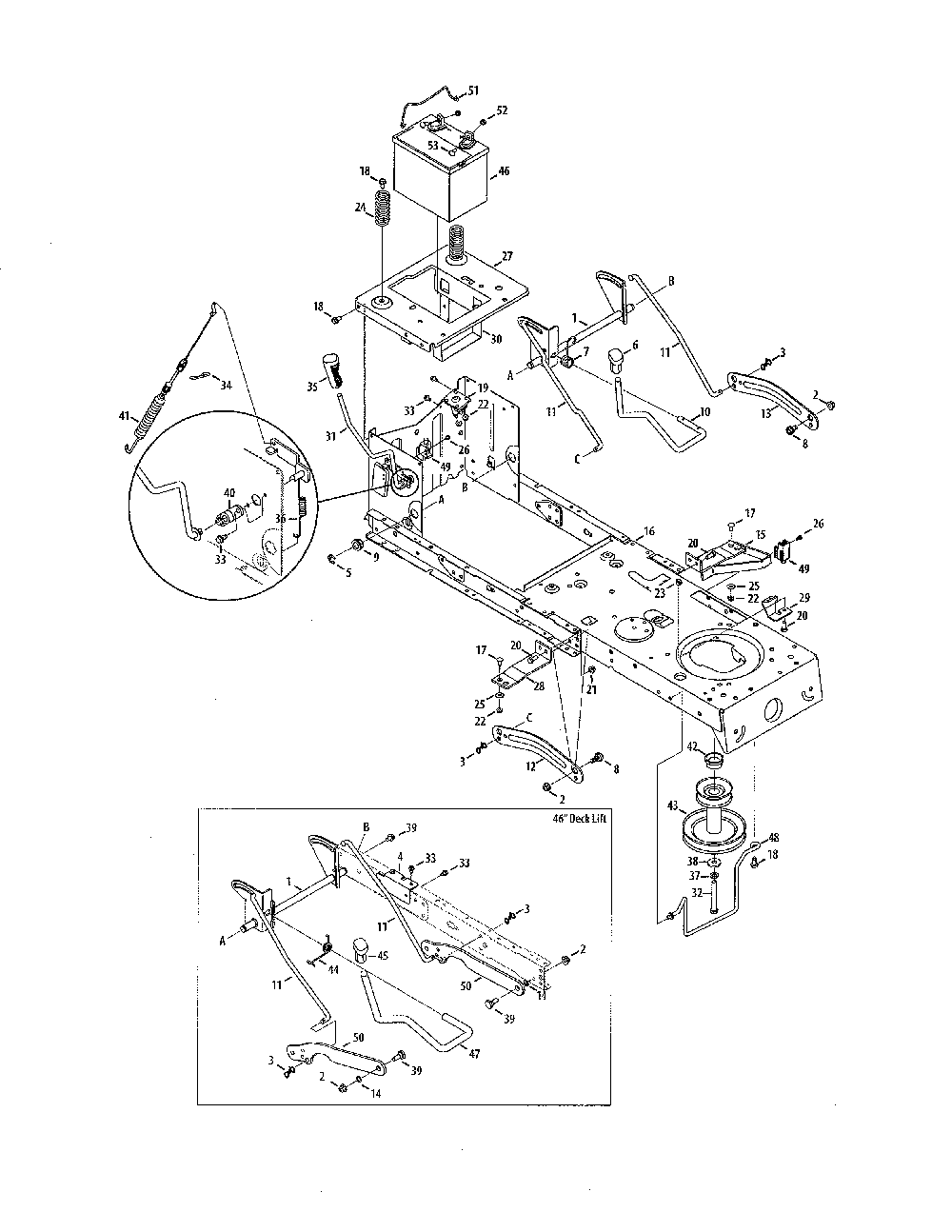 Frame & pto lift Diagram and Parts List for 13AL795T057  MTD Lawn Tractor