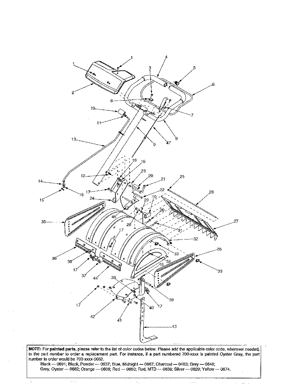 Tine shield/handle Diagram and Parts List for 21AA413H700  MTD Tiller