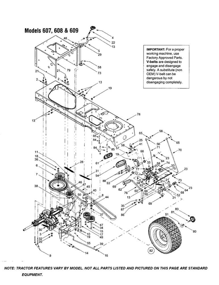 Lower Frame/Wheel/Belt Diagram and Parts List for 608  MTD Lawn Tractor
