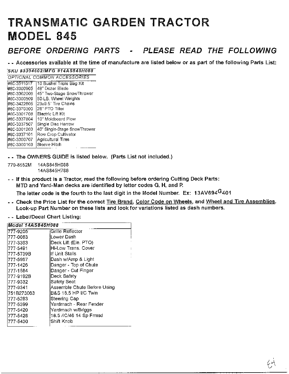 Lawn tractor/wiring Diagram and Parts List for SKU3304602  MTD Lawn Tractor