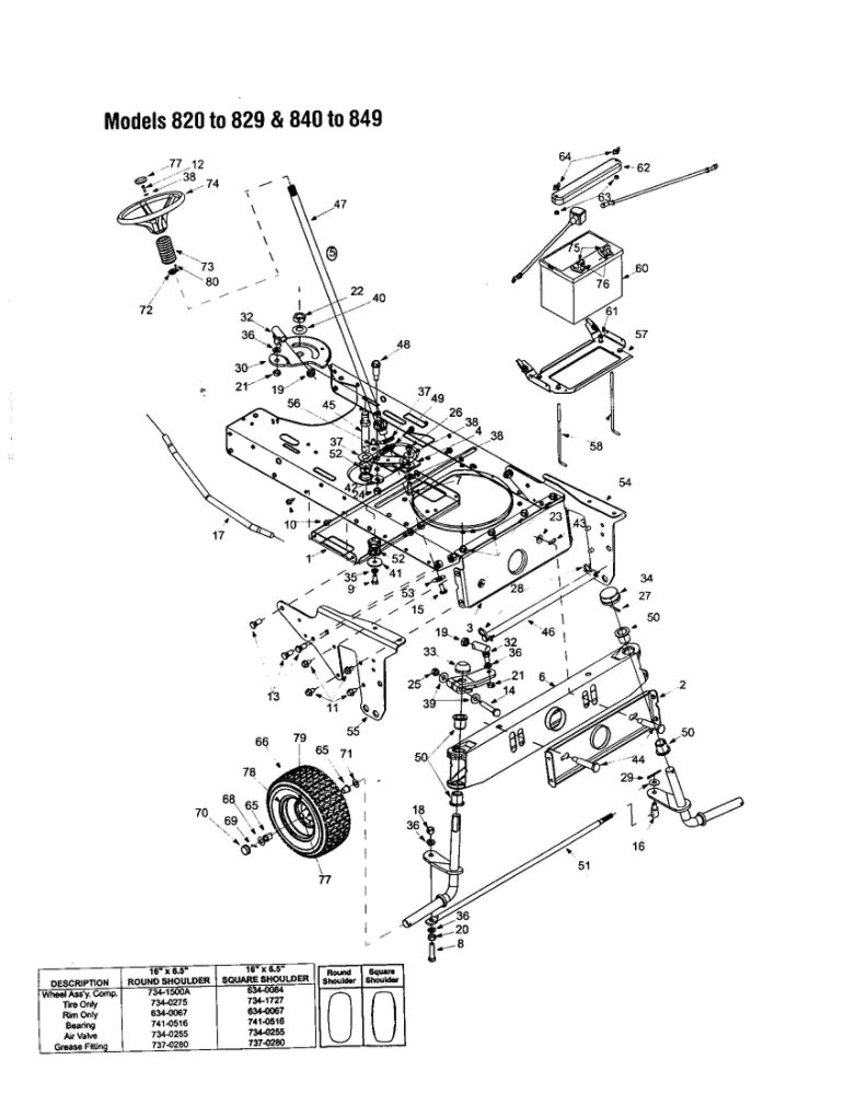 Steering Assembly/Front Wheel Diagram and Parts List for 820 THRU 829 MTD Lawn Tractor