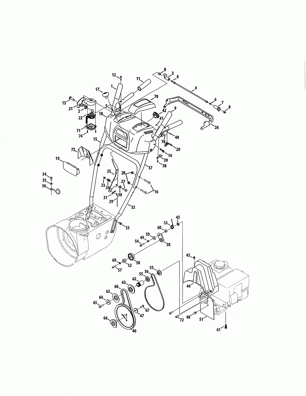 Handles/engine/belts Diagram and Parts List for 31AH5DTH799  MTD Snow Blower