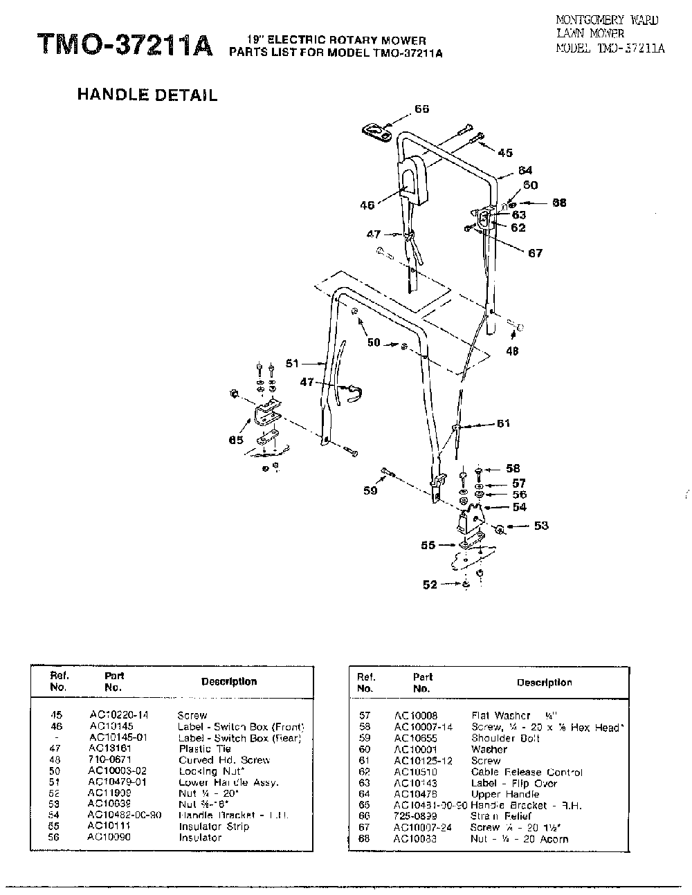 19" electric mower-handle detail Diagram and Parts List for 37211A  MTD Lawn Mower