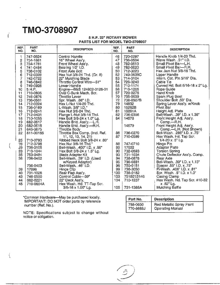 22-Inch Rotary Mower 2 Diagram and Parts List for 3708907  MTD Lawn Mower