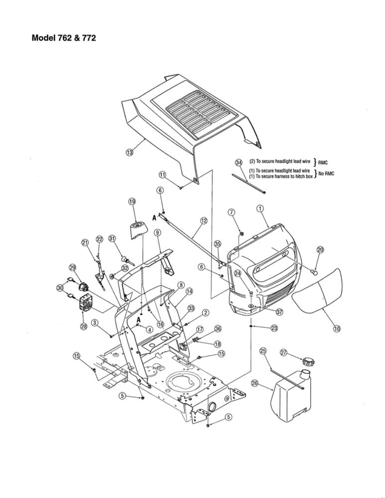 Bumper And Hood 2 Diagram and Parts List for 13AC762F755  MTD Lawn Tractor
