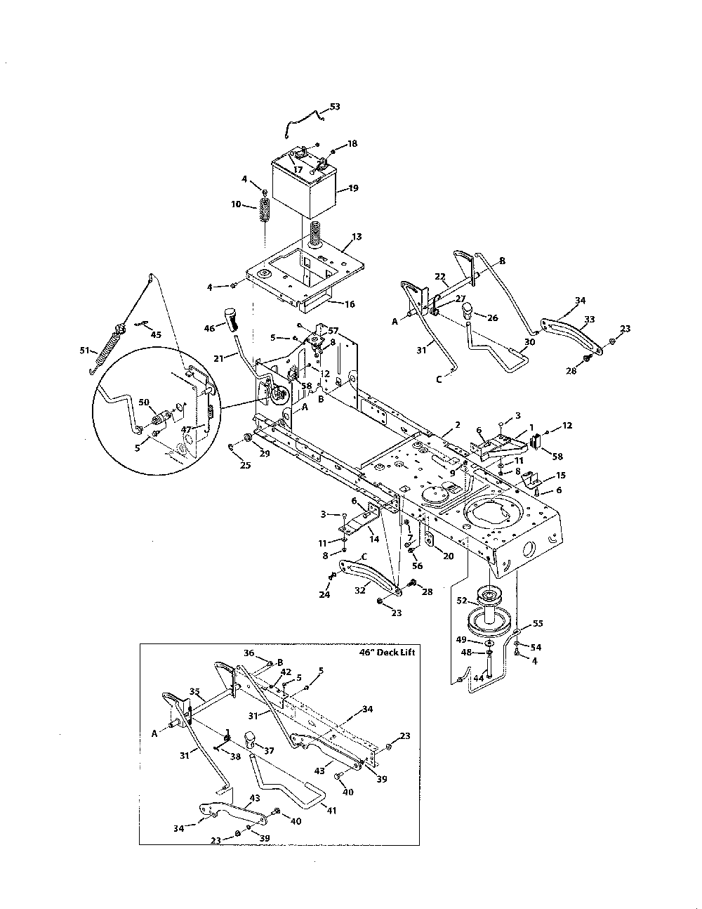 Frame & pto lift Diagram and Parts List for 13AX775H031  MTD Lawn Tractor