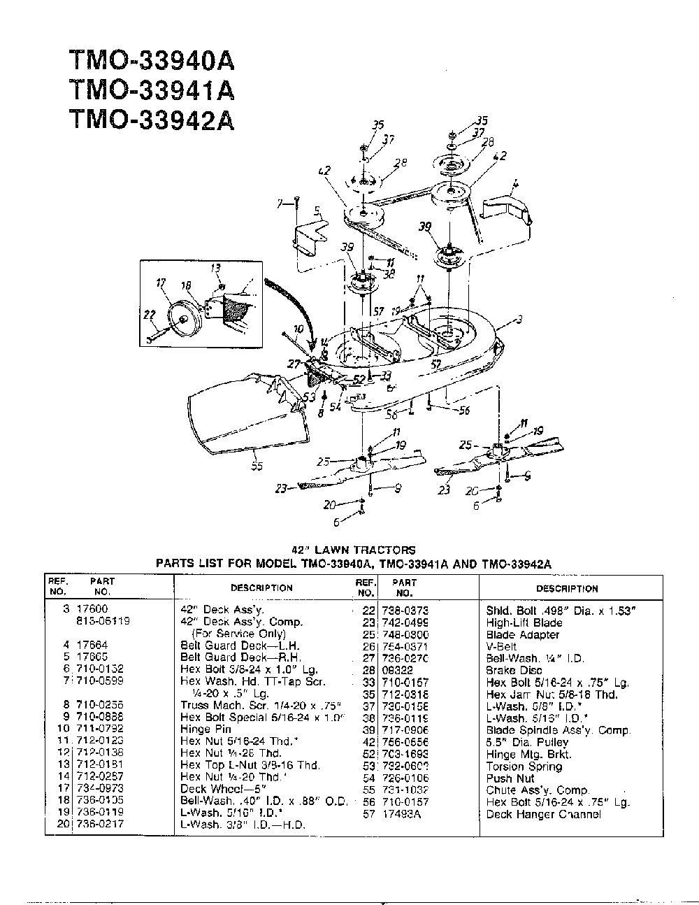 42" lawn tractors Diagram and Parts List for 33940A  MTD Lawn Tractor
