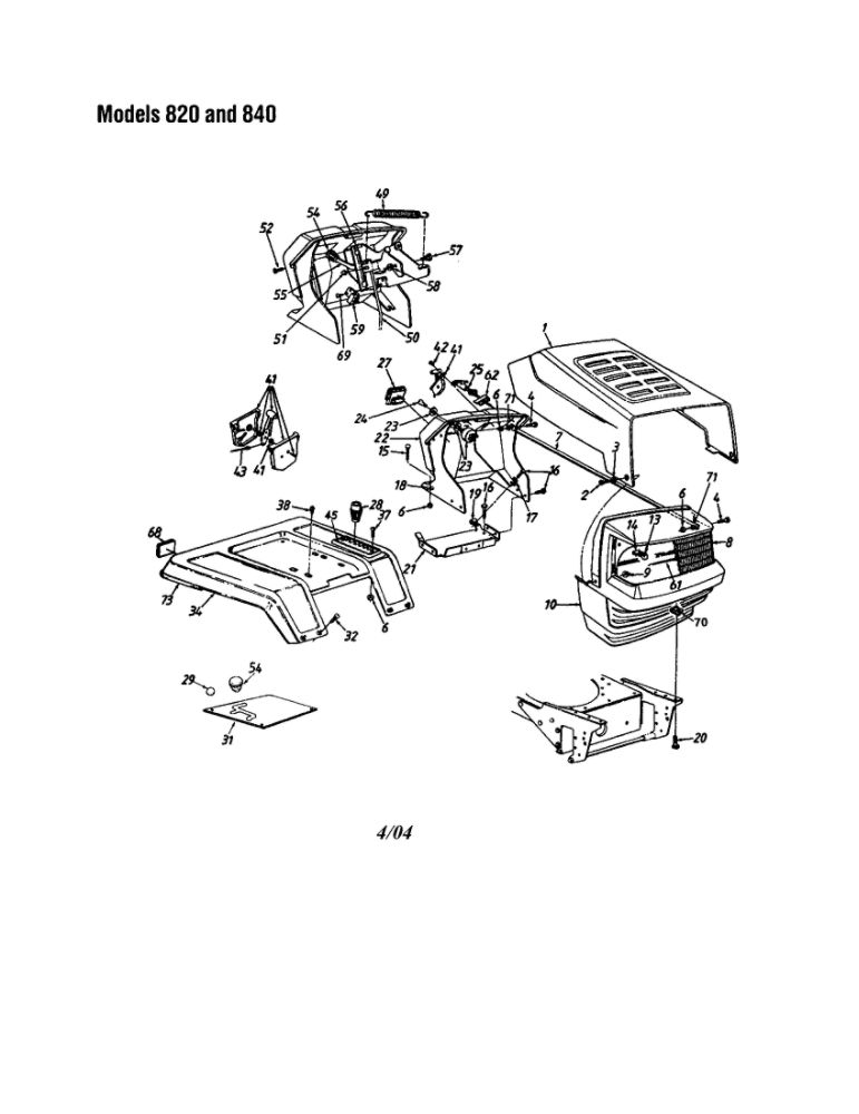 Hood/Grille 1 Diagram and Parts List for 820 THRU 828 MTD Lawn Tractor