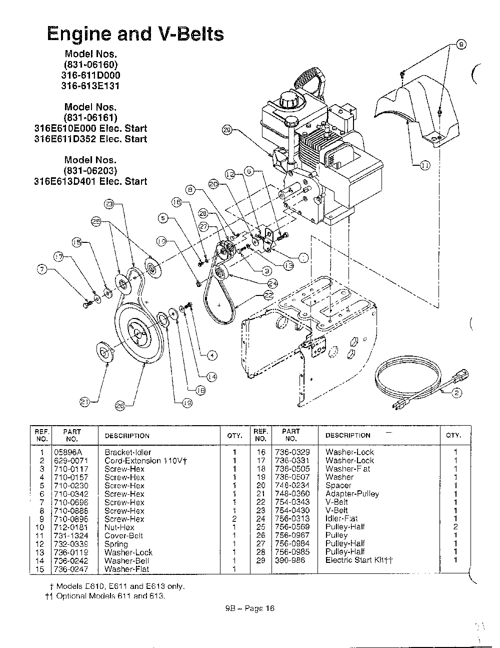 Engine and v-belts Diagram and Parts List for 3525302  MTD Snow Blower