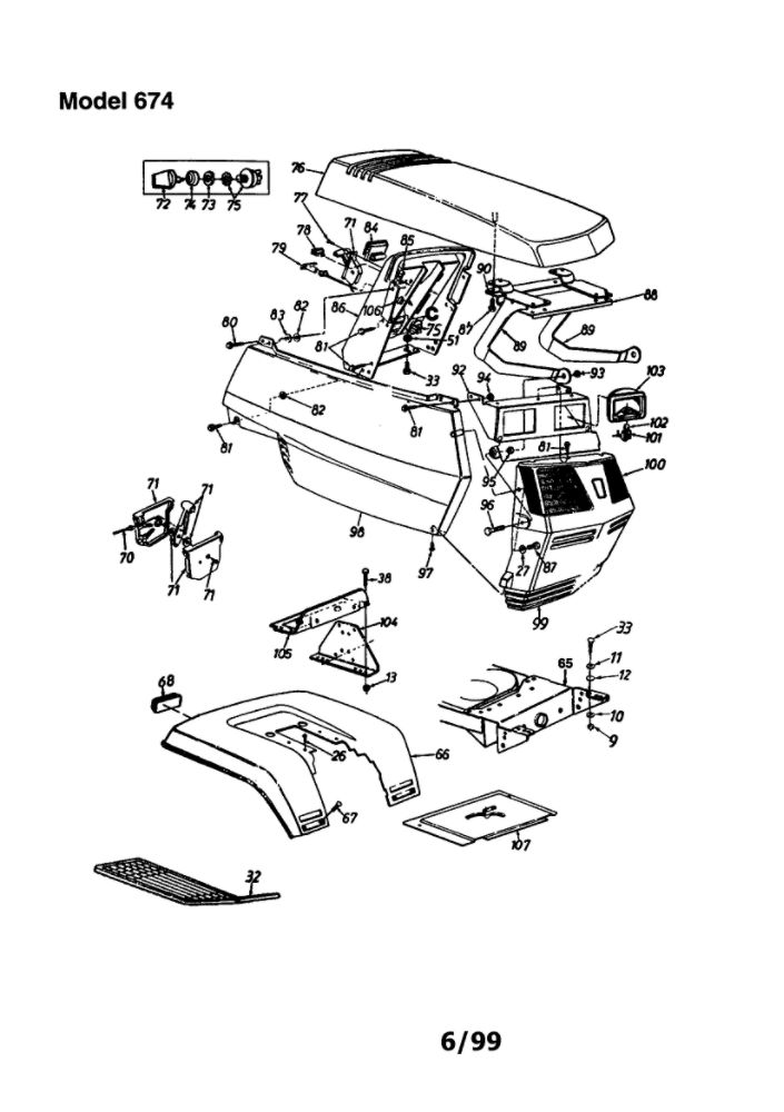 Grille And Fender Diagram and Parts List for 674  MTD Lawn Tractor