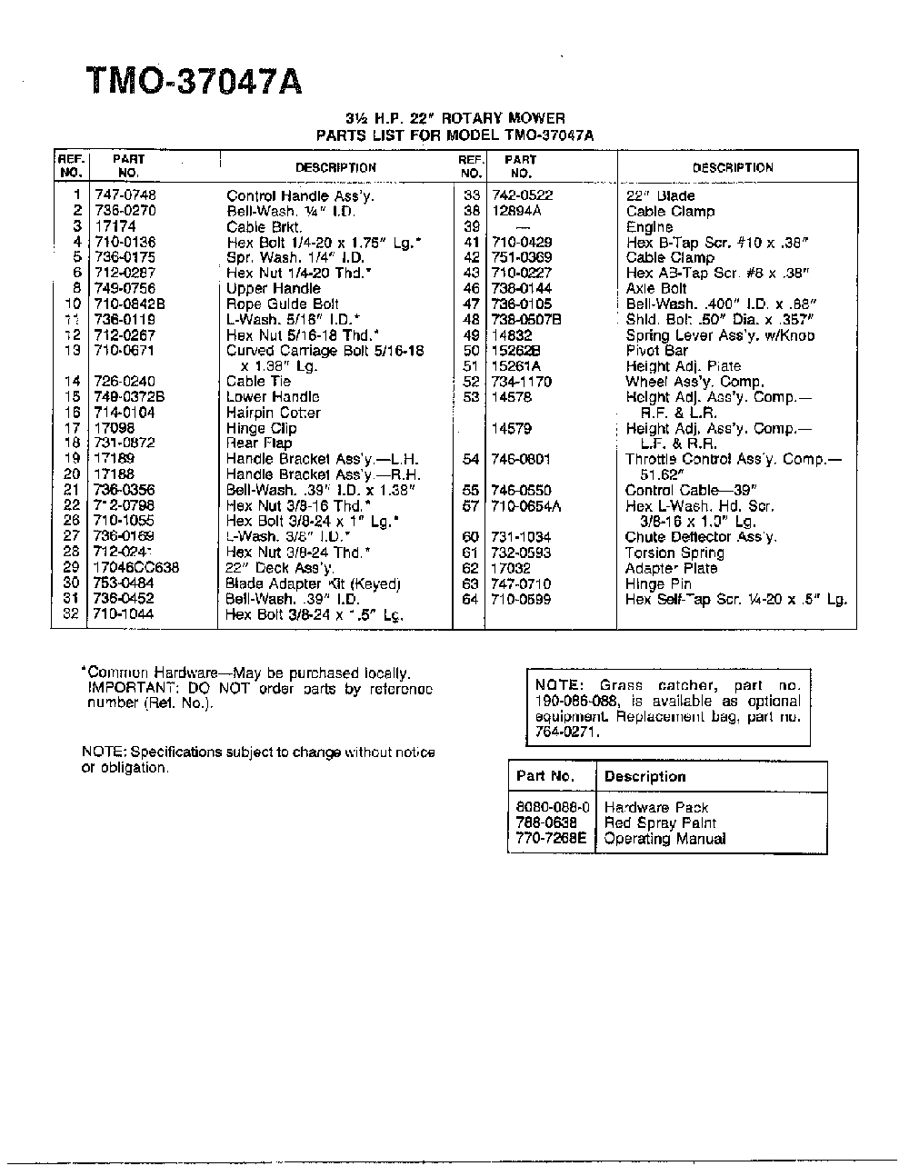 3.5hp 22" rotary mower page 2 Diagram and Parts List for 37047A  MTD Lawn Mower